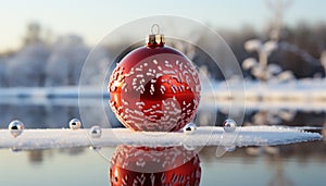 Winter celebration snow covered tree reflects Christmas ornaments in nature generated by AI