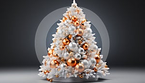 Winter celebration tree decor, gift, shiny ornament, snow, glowing ball generated by AI