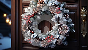 Winter celebration wreath, pine cone, Christmas decoration, snow, holly, ornament, coniferous tree, greeting, branch