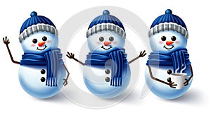 Winter character vector set. Winter snowman 3d characters wearing scarf and hat