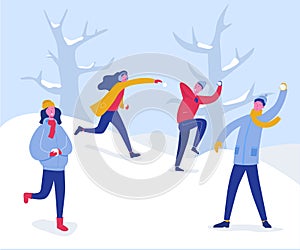 Winter Characters Playing Snowballs. Joyfull People Having Fun in Snow. Boys and Girls Throwing Snowball, Christmas holidays