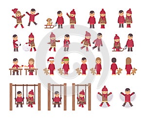Winter children collection. Two kids playing with snow flat illustration