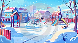 In winter, children play in a public park. Cartoon modern snowy city landscape with kindergarten entertainment yard