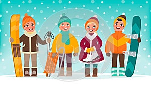 Winter children`s active recreation. Boys and girls go in for sports. Skis, sledges, skates and snowboard