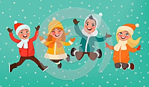 Winter children`s games. Boys and girls dressed warmly are jumpi