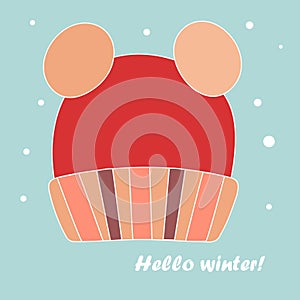 Winter children's hat with buboes. Hello winter. Flat vector illustration photo