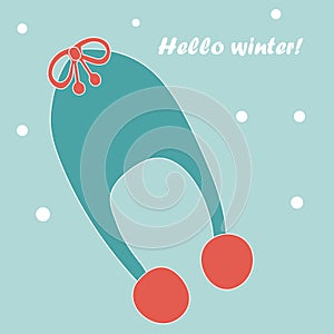 Winter children's hat with buboes. Hello winter. Flat vector illustration photo