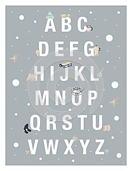 Winter childrens flat vector poster with alphabet and set of elements for winter decor for learning letters. Socks, snow, hat,