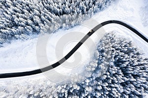 Winter chill. Natural winter landscape from air. Aerial view on the road and forest at the winter time.