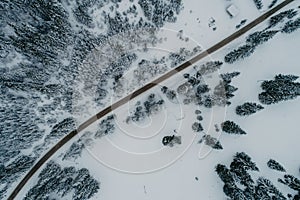 Winter chill. Natural winter landscape from air. Aerial view on the road and forest at the winter time. Forest and snow