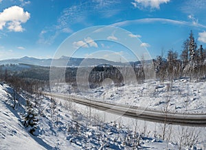 Winter Chornohora massiv mountains scenery view from Yablunytsia pass, Carpathians, Ukraine