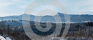 Winter Chornohora massiv mountains scenery view from Yablunytsia pass, Carpathians, Ukraine