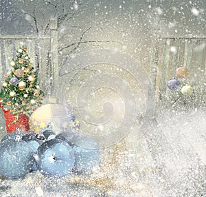 Winter christmas background with Christmas ball and trees covered by snow