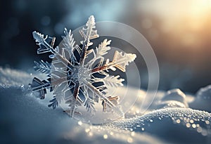 Winter Christmas background. Snowflake on snow. Close lookup