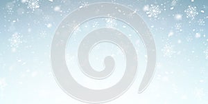 Winter Christmas background with snowflakes and blizzard.