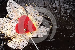 Winter or christmas background or valentine concept with a white decorative glowing leaf and red heart.