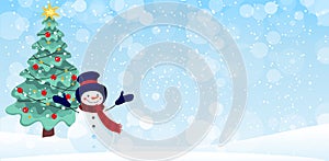 Winter christmas banner with snowman and christmas tree, festive background with copyspace, blue landscape with snowfall