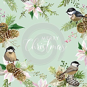 Winter Christmas Birds Greeting Card. Floral Poinsettia Retro Background. Design Template for Holiday Season Celebration