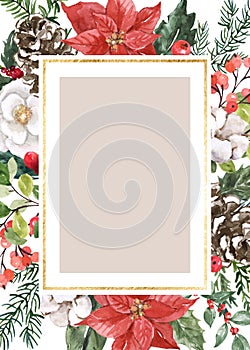 Winter Christmas border made of pine tree branches, flowers, greenery, red berries. Floral frame watercolor illustration