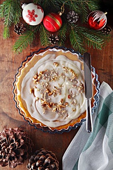 Winter Christmas cake for breakfast with whipped cream
