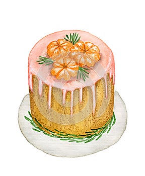 Winter christmas cake decorated with mandarins and rosemary