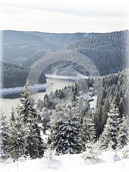 Winter Christmas card. Snowing landscape.Mountain village