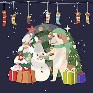Winter Christmas card vector illustration with cartoon snowman and dog with christmas tree, gift boxes and garland of