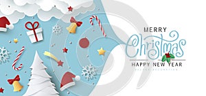 Winter christmas composition in paper cut style.Merry Christmas text Calligraphic Lettering Vector illustration