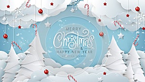 Winter christmas composition in paper cut style.Merry Christmas text Calligraphic Lettering Vector illustration