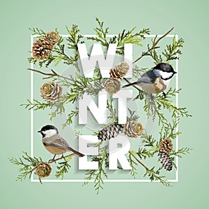 Winter Christmas Design in Vector. Winter Birds with Pines