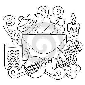 Winter Christmas Doodle coloring book for kids. Hand-drawn sketch . New year`s vector composition