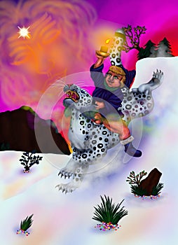 Winter Christmas Fairy Tale Young god riding a roaring Snow Leopard bringing Light of Hope through winter landscape
