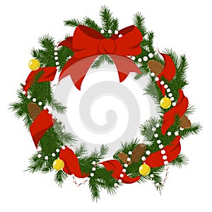 Winter christmas firry wreath with red ribbon