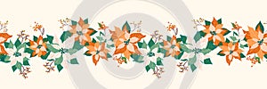 Winter Christmas floral seamless long border pattern background with pale poinsettia flower, leaf and elderberry fruits garland
