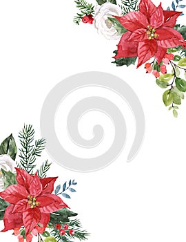 Winter Christmas frame, holiday invitation design. Watercolor poinsettia, pine branches, greenery, red berries