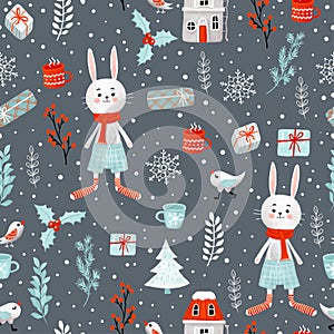 Winter Christmas holiday hand-drawn raster seamless pattern. Clipping path included