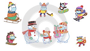 Winter Christmas Holiday Season Crayon Drawing and Doodling Elements. Snowman Family