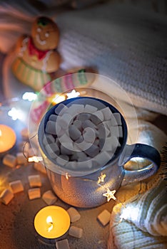 Winter Christmas holidays background with Cup of cocoa or hot chocolate with christmas cookies