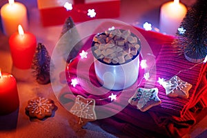 Winter Christmas holidays background with Cup of cocoa or hot chocolate with christmas cookies