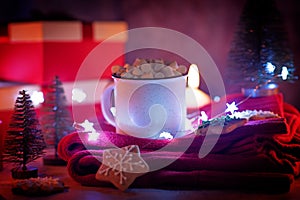 Winter Christmas holidays background with Cup of cocoa or hot chocolate with christmas cookies