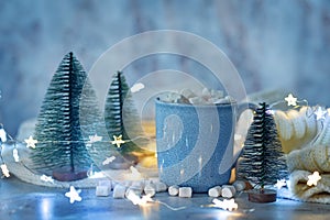 Winter Christmas holidays background with Cup of cocoa or hot chocolate with christmas cookies