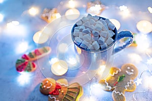 Winter Christmas holidays background with Cup of cocoa or hot chocolate with christmas cookies
