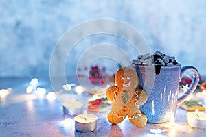 Winter Christmas holidays background with Cup of cocoa or hot chocolate with christmas cookies