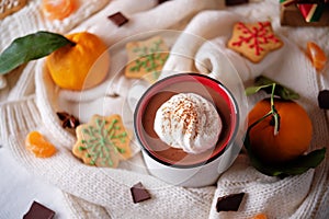 Winter Christmas holidays background with Cup of cocoa or hot chocolate with whipped cream with cinnamon sprinkles