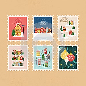 Winter Christmas Houses Postal Stamps