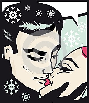 Winter Christmas kissing couple card pop art comic