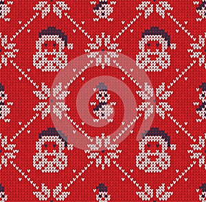 Winter Christmas knitted seamless abstract background Santa Claus, snowflakes, snowman