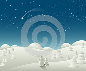 Winter Christmas landscape with falling star