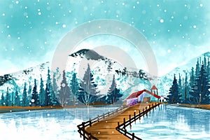 Winter christmas landscape with forest tree covered with snow holiday card background
