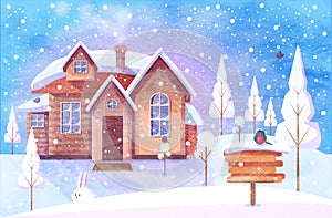 Winter Christmas landscape with house and Christmas tree